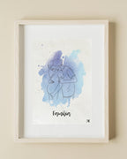 Ilustración lineal personalizada de estilo minimalista con fondo de acuarela lila y azul.