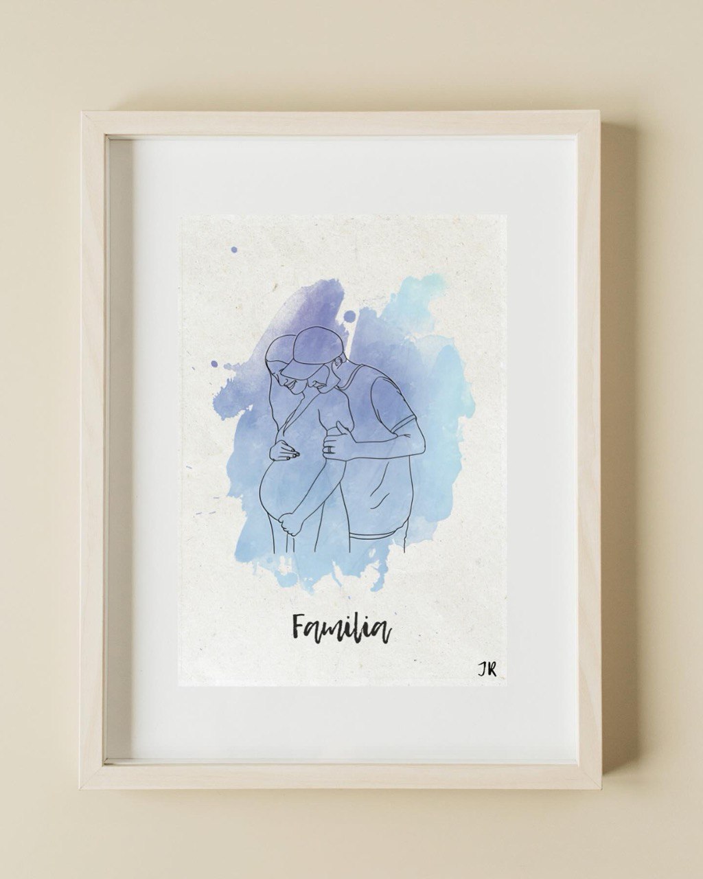 Ilustración lineal personalizada de estilo minimalista con fondo de acuarela lila y azul.
