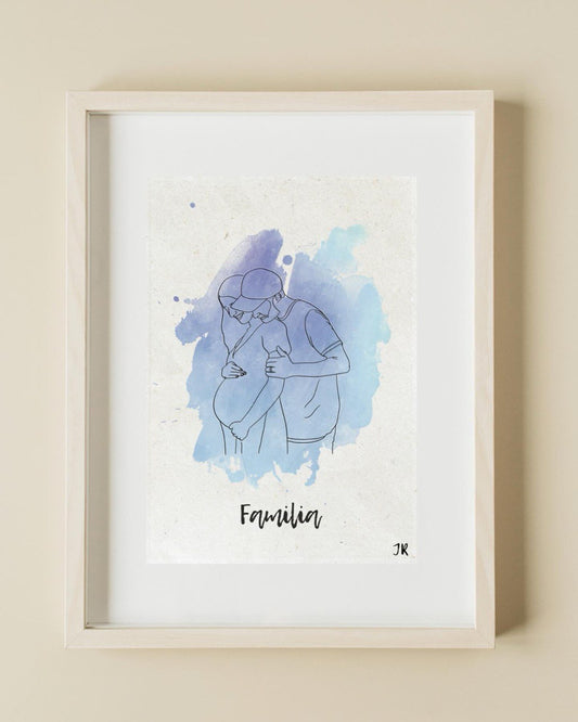 Ilustración lineal personalizada de estilo minimalista con fondo de acuarela lila y azul.