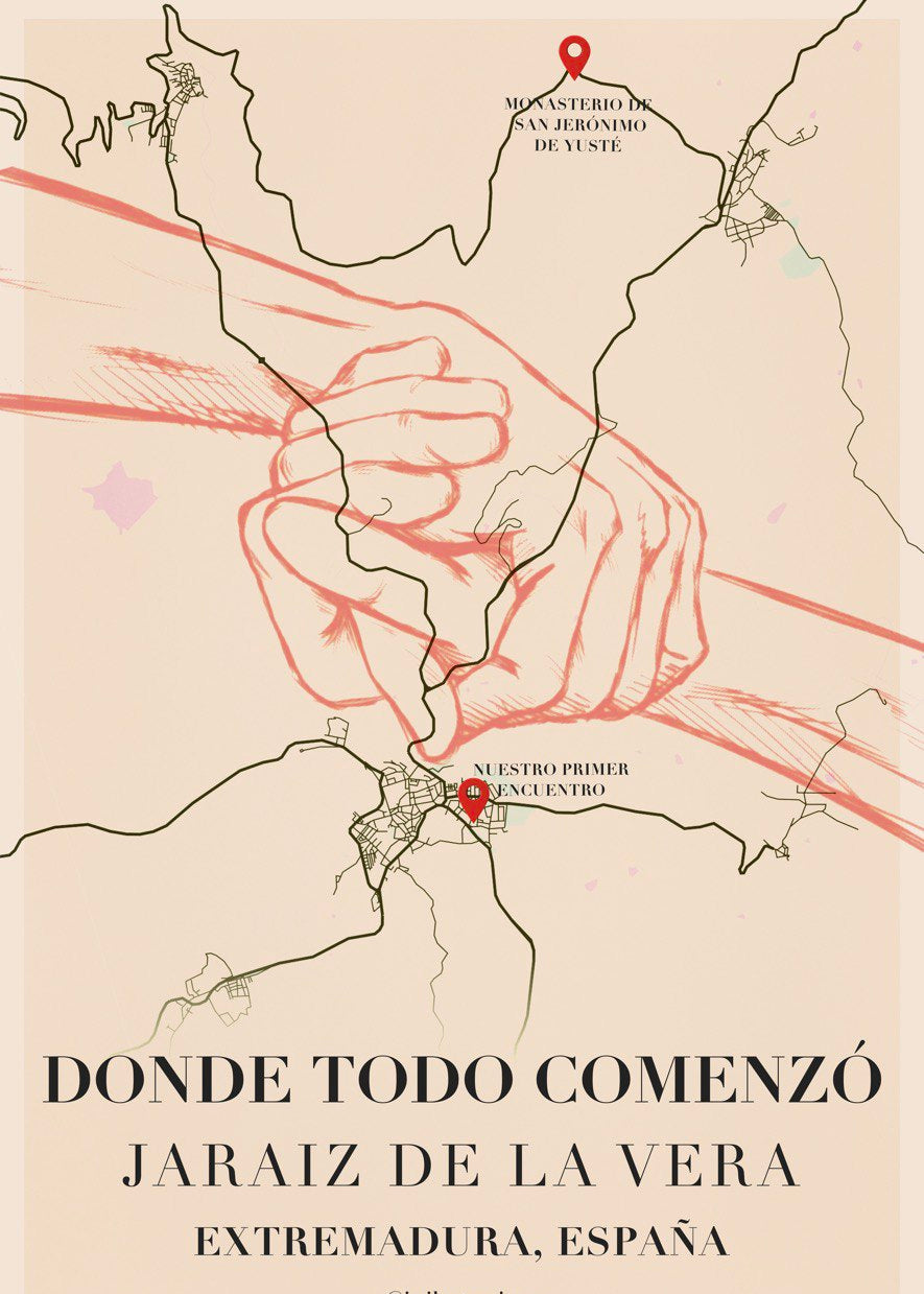 Ilustración de manos entrelazadas con mapa personalizado de fondo "Donde todo comenzó".