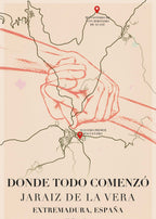 Ilustración de manos entrelazadas con mapa personalizado de fondo "Donde todo comenzó".