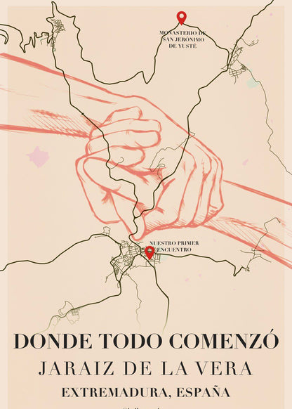 Ilustración de manos entrelazadas con mapa personalizado de fondo "Donde todo comenzó".