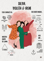 Ilustración personalizada de amigas con texto e iconos de sus mejores recuerdos juntas.