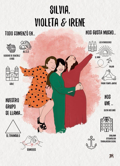 Ilustración personalizada de amigas con texto e iconos de sus mejores recuerdos juntas.