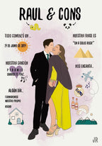 Ilustración personalizada de boda con infografía de la historia de los novios para regalar.