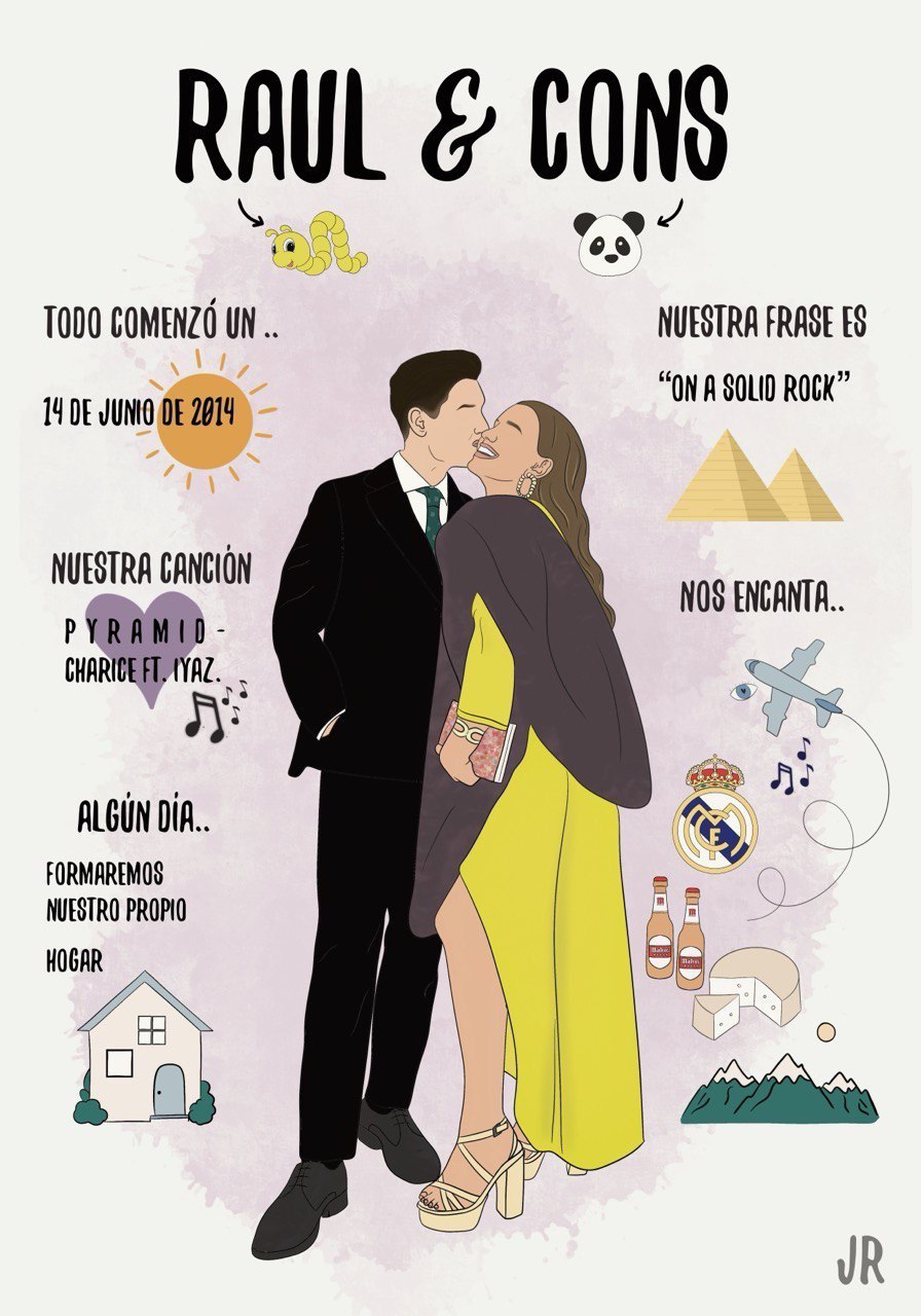 Ilustración personalizada de boda con infografía de la historia de los novios para regalar.