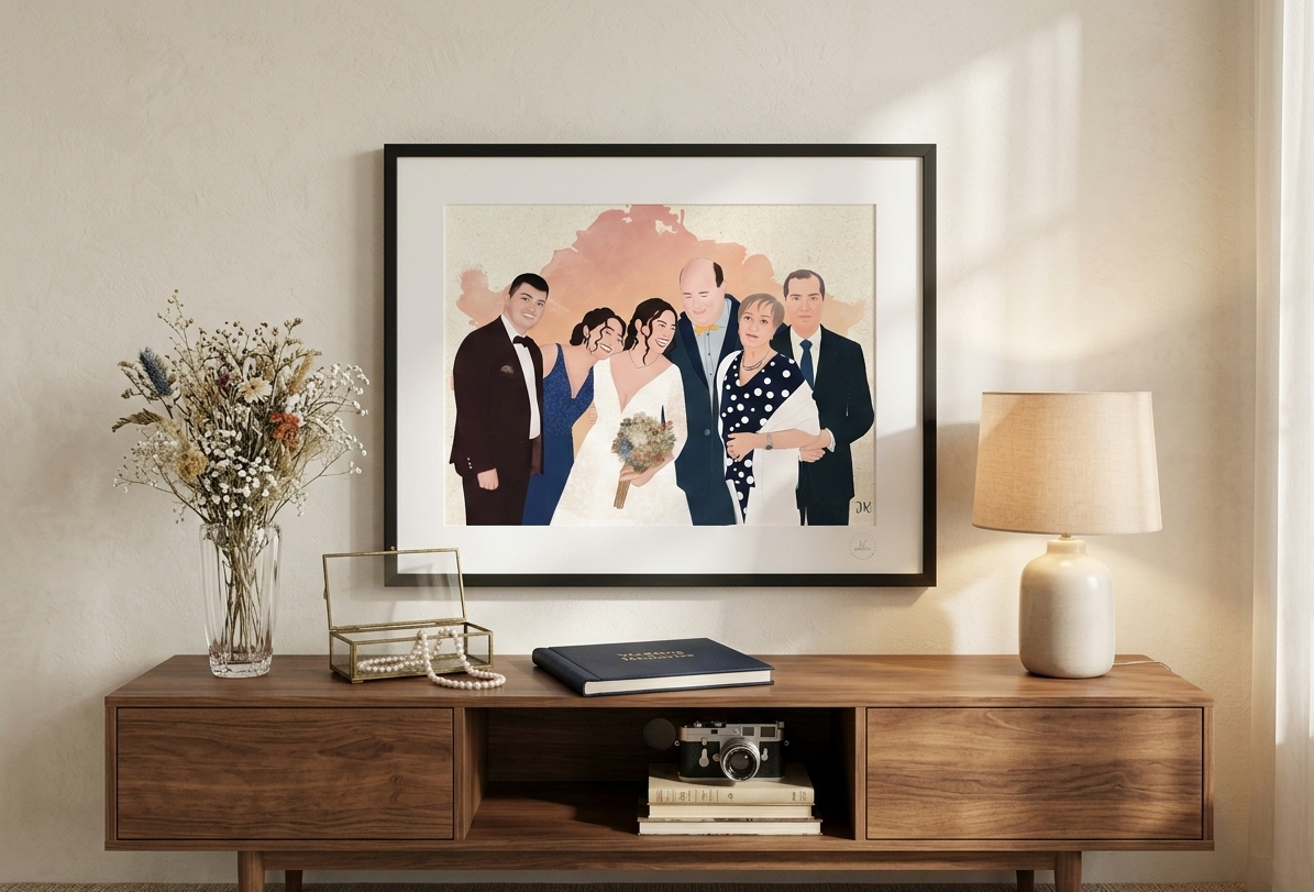 Ilustración personalizada desde foto de grupo enmarcada en negro sobre mueble recibidor moderno.