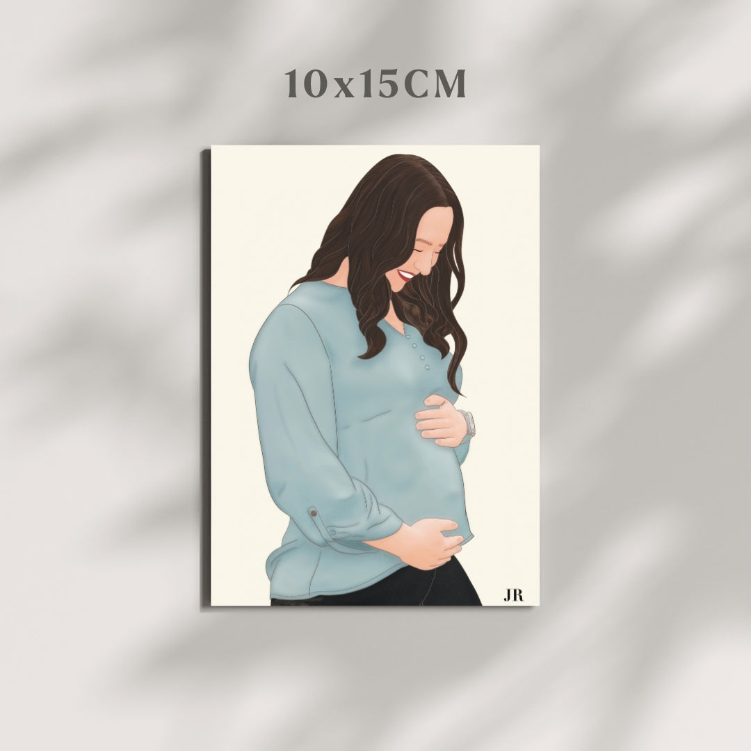 Ilustración personalizada de embarazo en tamaño pequeño ideal para regalar a futuras mamás en un evento.