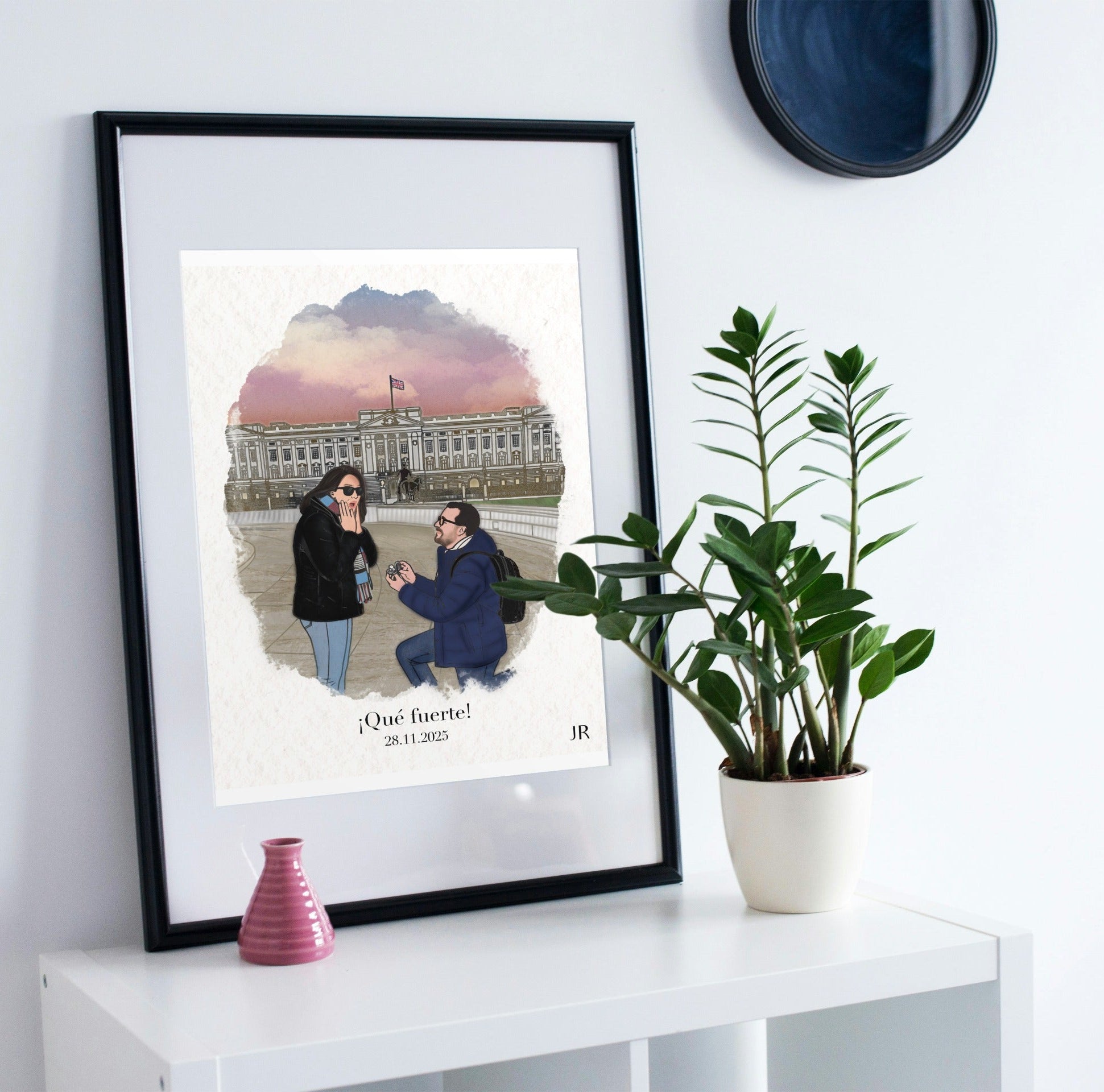 Lámina enmarcada con ilustración personalizada de pedida de mano y propuesta de matrimonio frente a monumento.