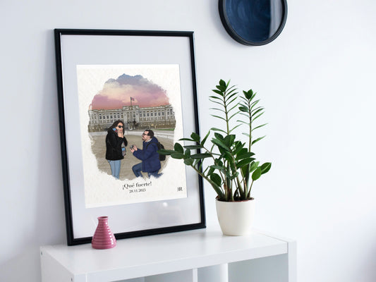 Lámina enmarcada con ilustración personalizada de pedida de mano y propuesta de matrimonio frente a monumento.