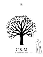 Diseño de árbol de huellas estilizado para boda con ilustración lineal de pareja a la derecha e iniciales C & M