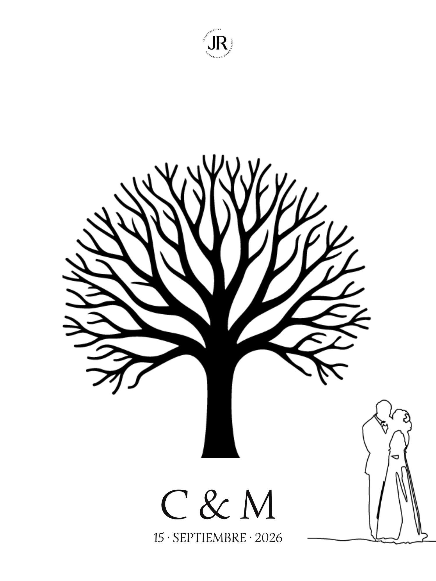 Diseño de árbol de huellas estilizado para boda con ilustración lineal de pareja a la derecha e iniciales C & M
