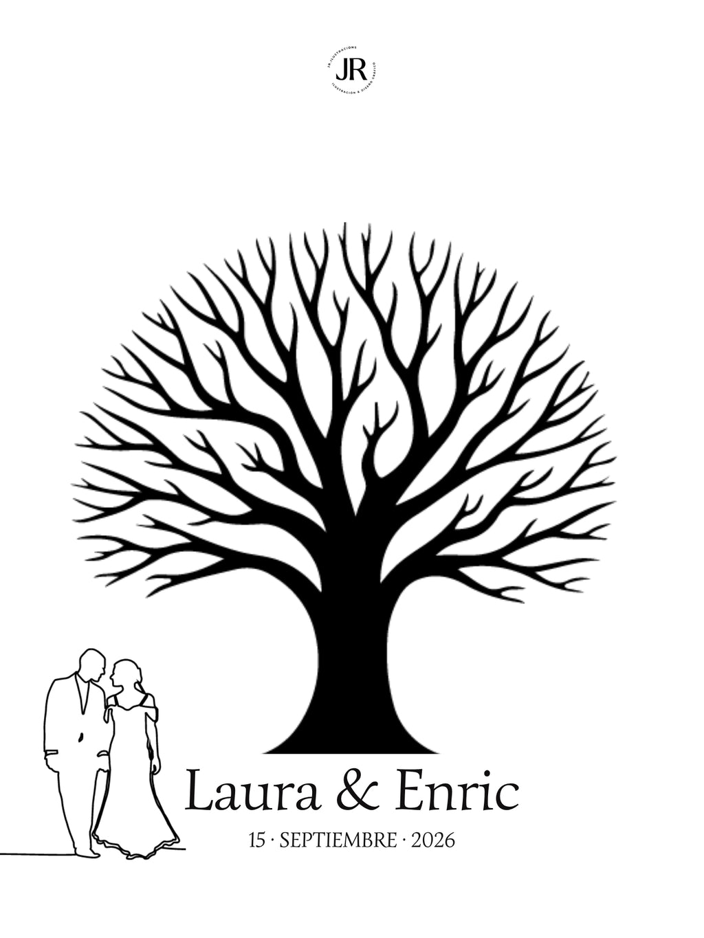 Lámina libro de firmas árbol de huellas frondoso con silueta de novios a la izquierda y nombres Laura & Enric