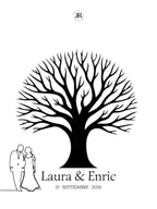 Lámina libro de firmas árbol de huellas frondoso con silueta de novios a la izquierda y nombres Laura & Enric