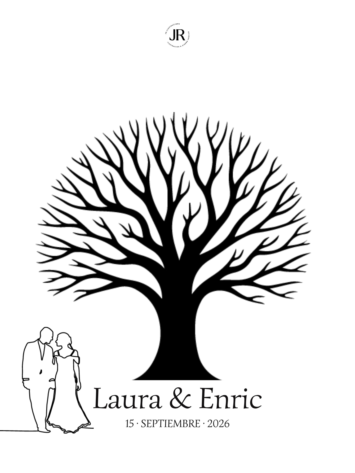 Lámina libro de firmas árbol de huellas frondoso con silueta de novios a la izquierda y nombres Laura & Enric