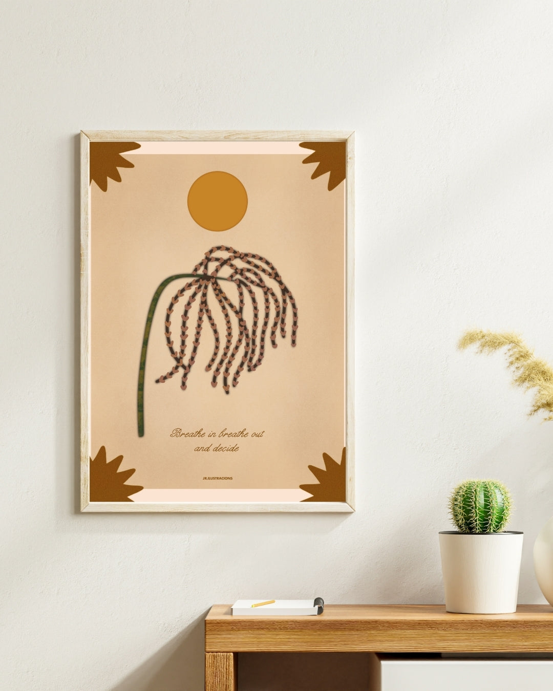 Lámina decorativa de estilo boho con sol y frase inspiracional Breathe In Breathe Out and Decide.