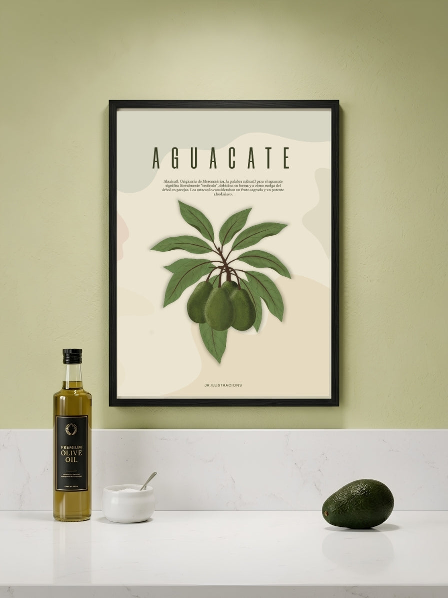Lámina botánica de aguacate ilustrada a mano con fondo beige estilo nórdico de JR.Ilustracions.