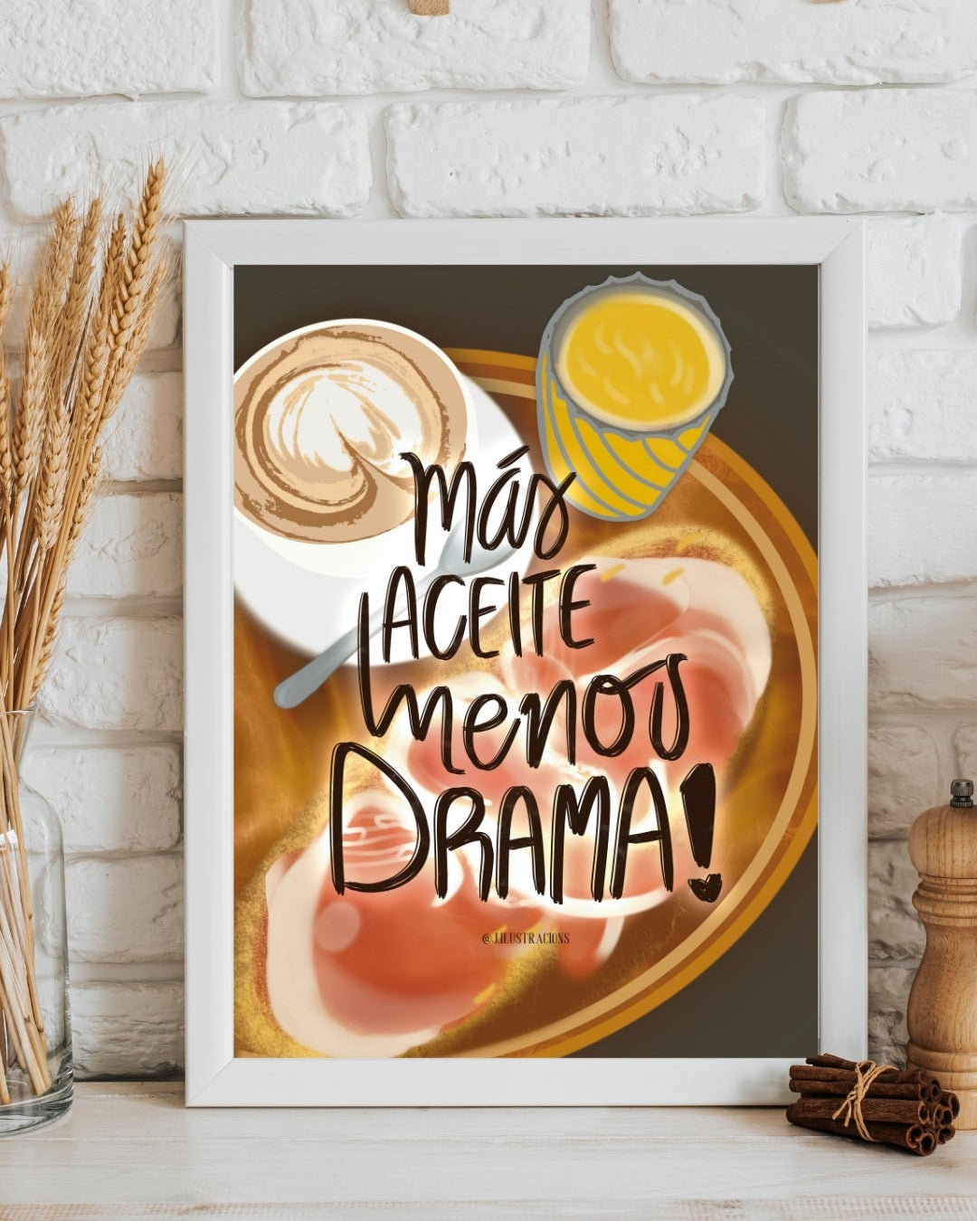Lámina de cocina Más aceite menos drama con marco blanco e ilustración de desayuno mediterráneo.