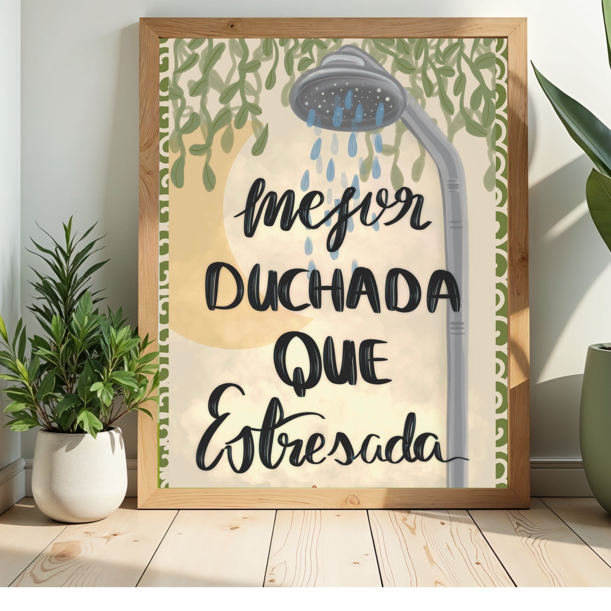 Lámina decorativa para el aseo con ilustración de alcachofa de ducha y tipografía moderna de JR.Ilustracions.