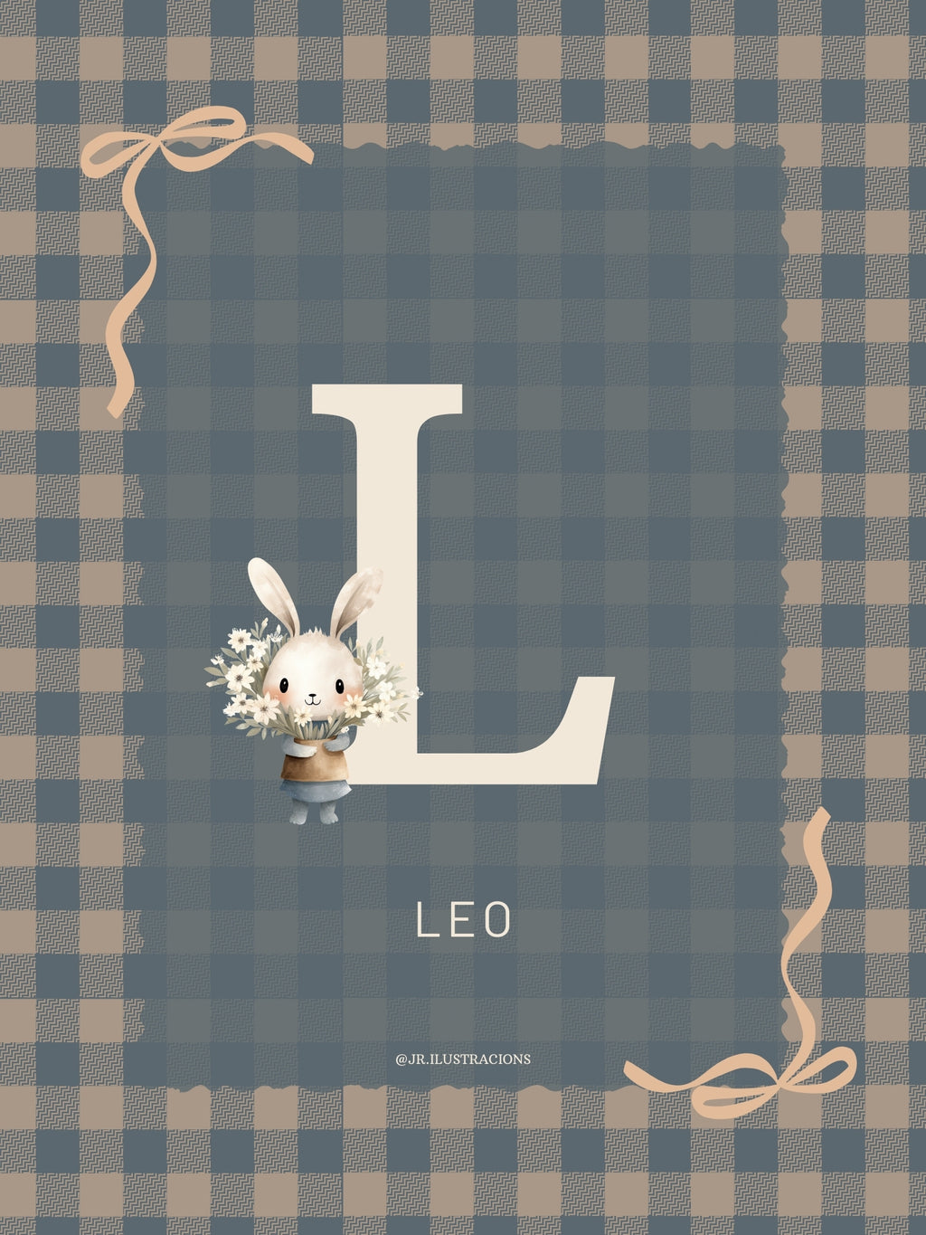Lámina decorativa para bebé con inicial L de Leo y conejito ilustrado por JR.Ilustracions.