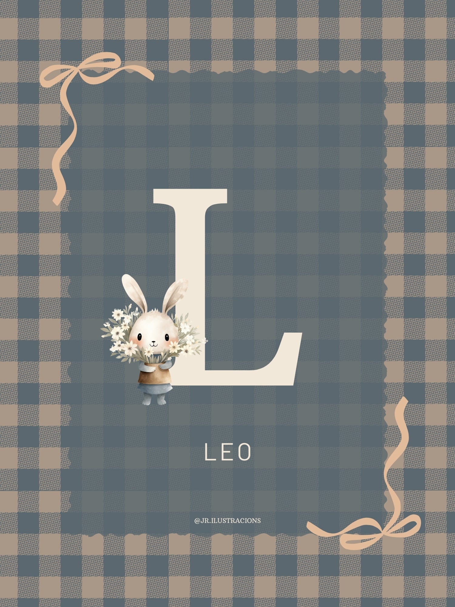 Lámina decorativa para bebé con inicial L de Leo y conejito ilustrado por JR.Ilustracions.