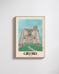 Lámina decorativa de la Catedral de Girona ilustrada con flores coloridas y estilo vintage.