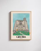 Lámina decorativa de la Catedral de Girona ilustrada con flores coloridas y estilo vintage.