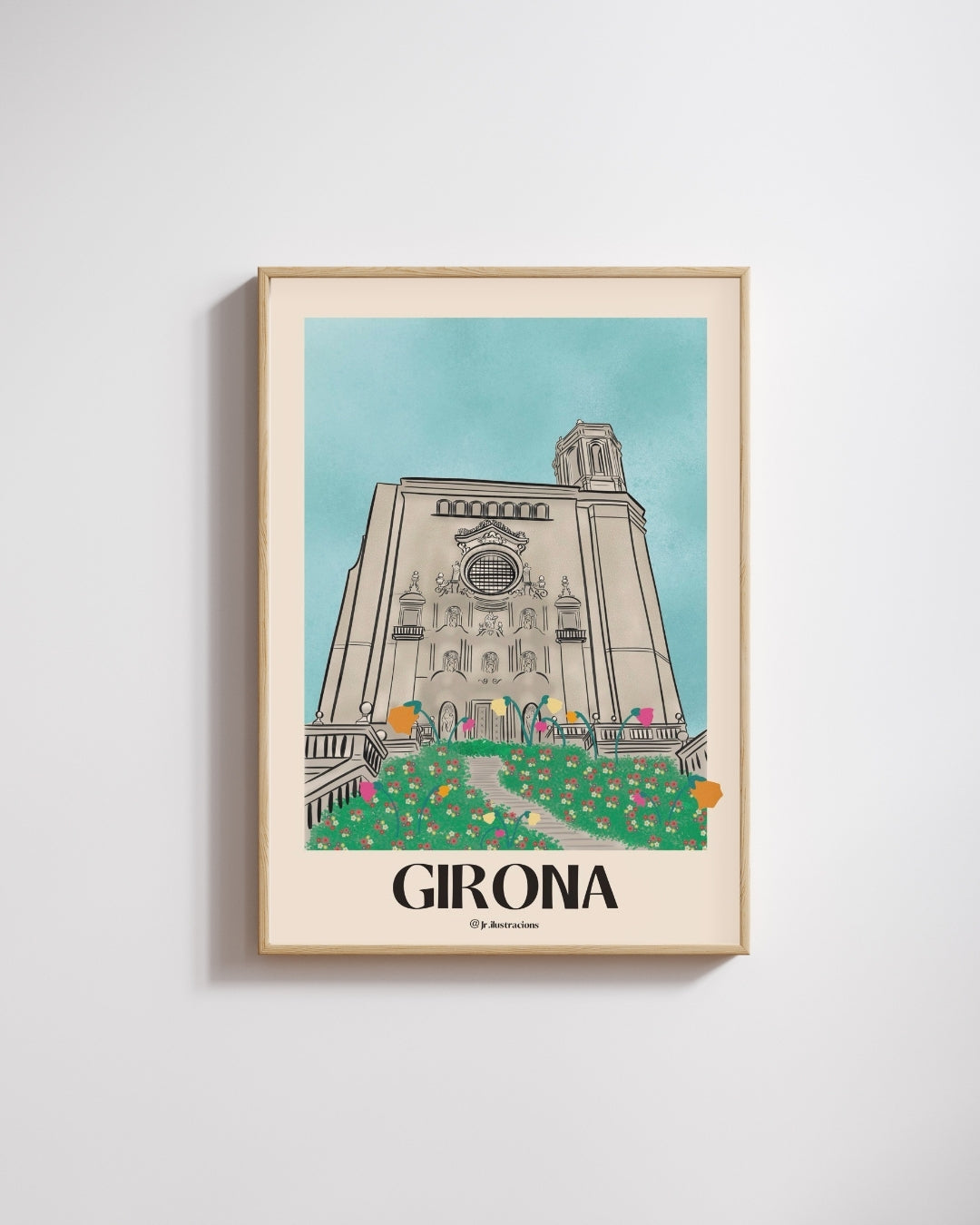 Lámina decorativa de la Catedral de Girona ilustrada con flores coloridas y estilo vintage.