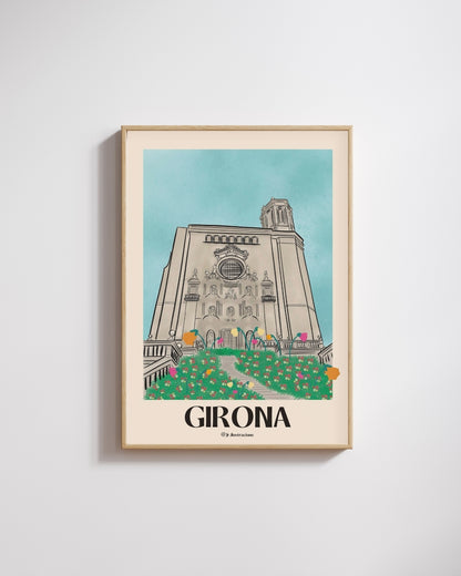 Lámina decorativa de la Catedral de Girona ilustrada con flores coloridas y estilo vintage.