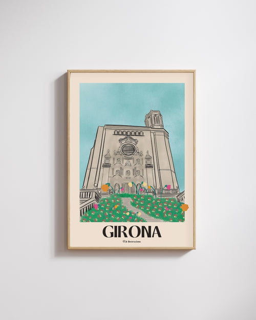 Lámina decorativa de la Catedral de Girona ilustrada con flores coloridas y estilo vintage.