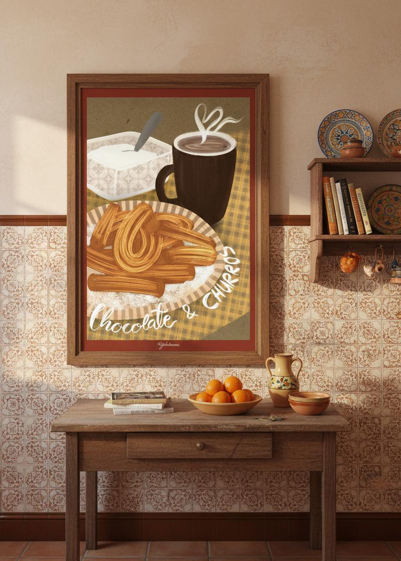 Lámina decorativa de chocolate con churros ideal para decorar cafeterías o comedores vintage de JR.Ilustracions.