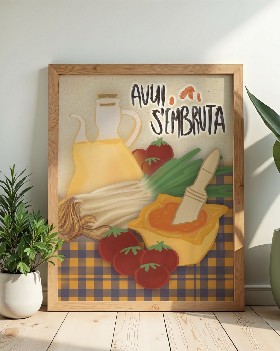 Làmina decorativa de cuina Avui s'embruta amb marc de fusta clara i il·lustració rústica de morter i tomàquets.