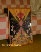 Lámina decorativa mística Radix Lux enmarcada en madera con ilustración botánica de flor, hongos y ojo espiritual