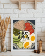 Lámina decorativa para rincón de café o desayuno con marco blanco en pared de azulejos rústicos de cocina de JR.Ilustracions.