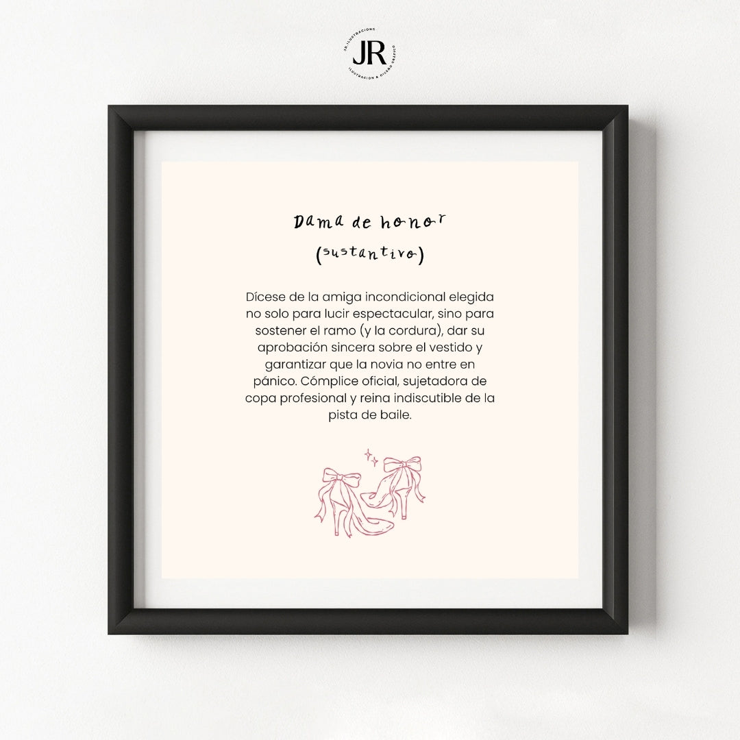 Lámina de regalo personalizada con la definición de Dama de Honor en marco negro minimalista