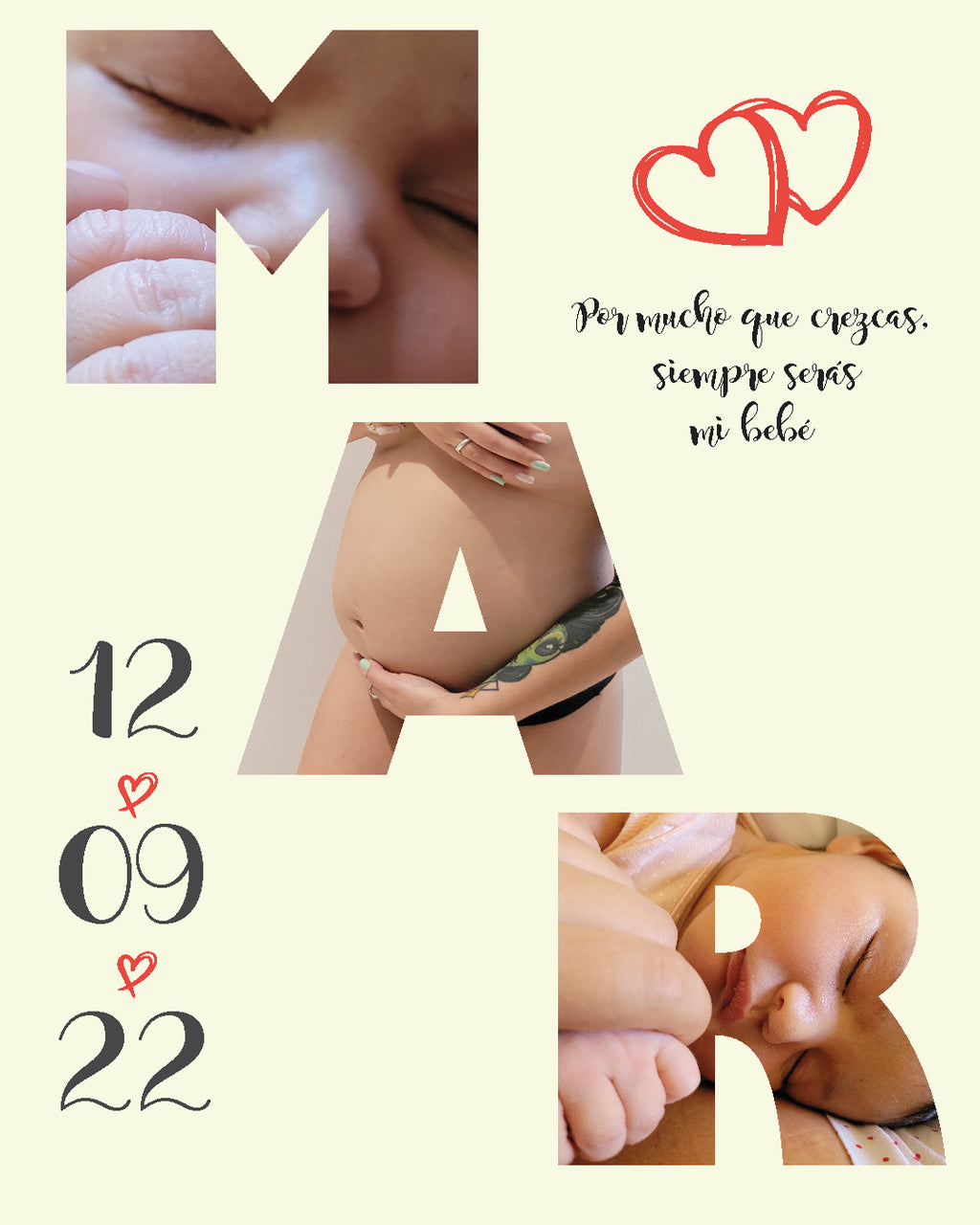 Lámina digital editable para bebé con diseño de letras personalizadas con fotos y fecha de recuerdo de JR.Ilustracions.
