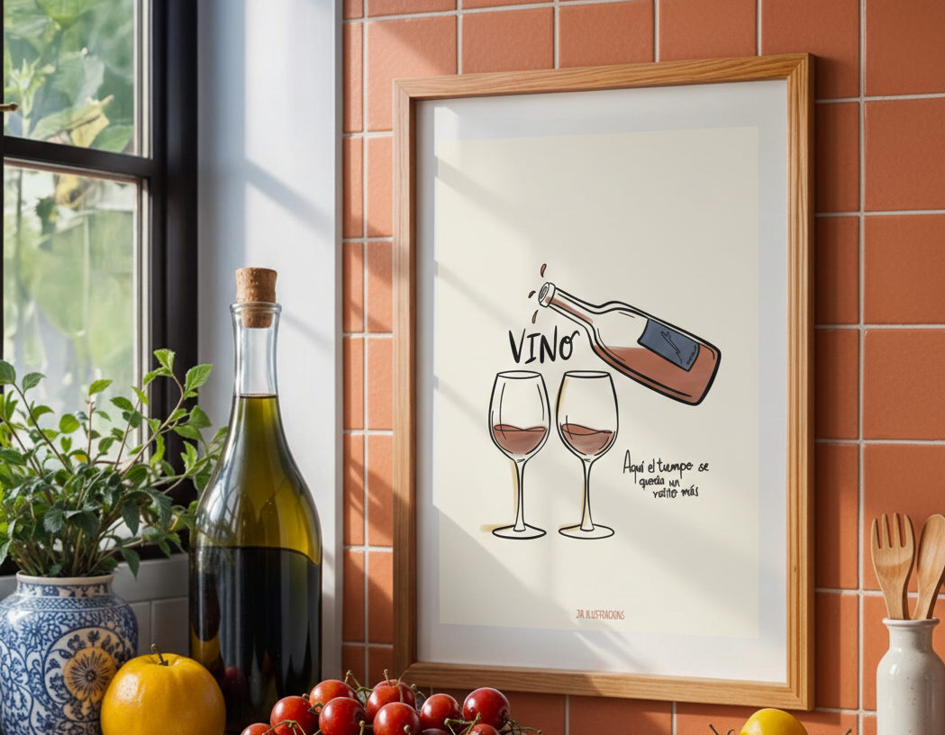 Lámina estética de botella sirviendo vino en dos copas para decoración de comedores modernos de JR.Ilustracions.