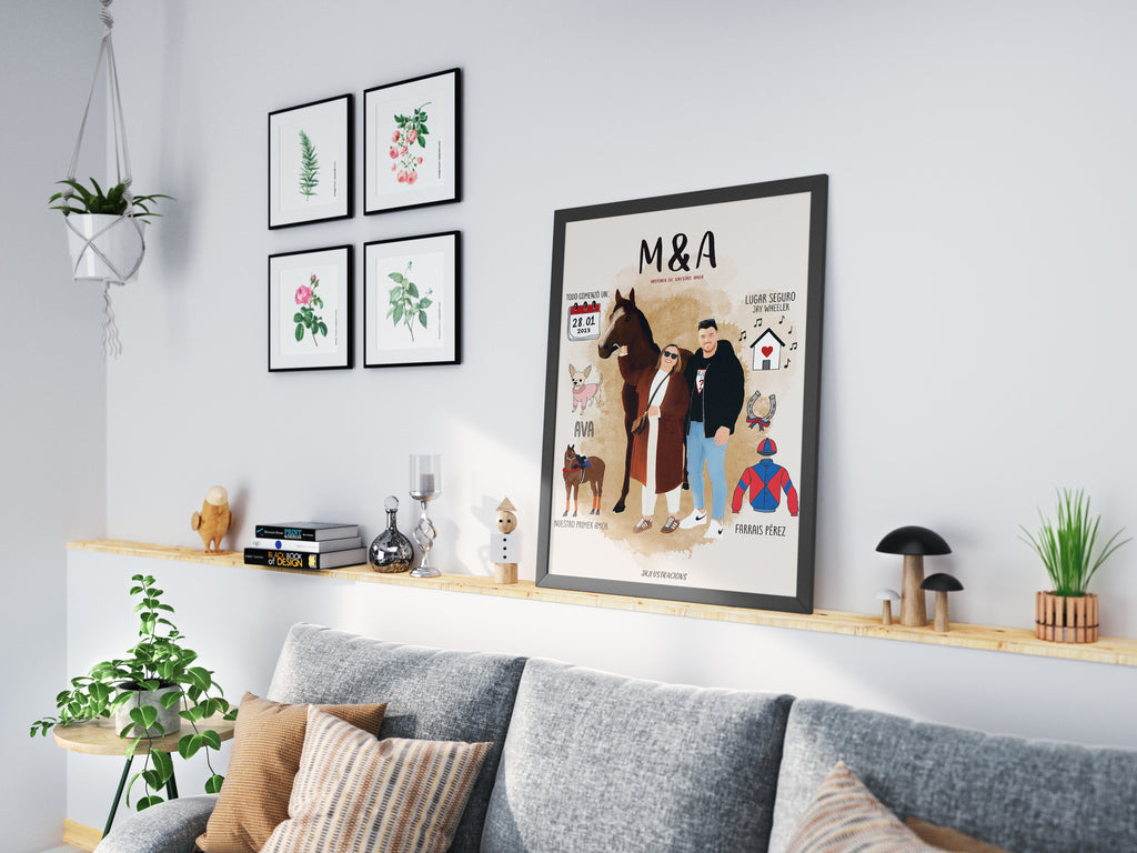 Lámina de historia de amor enmarcada en negro integrada en la decoración de un hogar moderno.