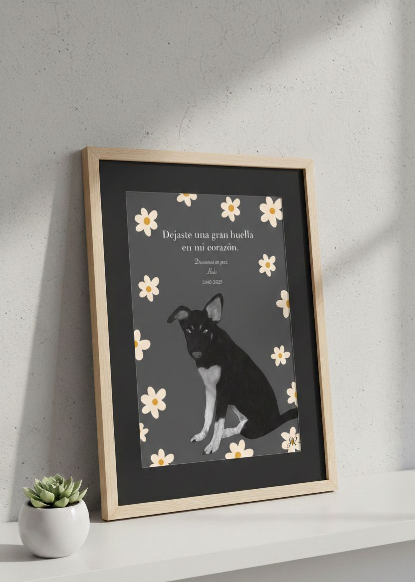 Lámina de homenaje para perro fallecido con ilustración de mascota rodeada de margaritas y marco de madera clara.