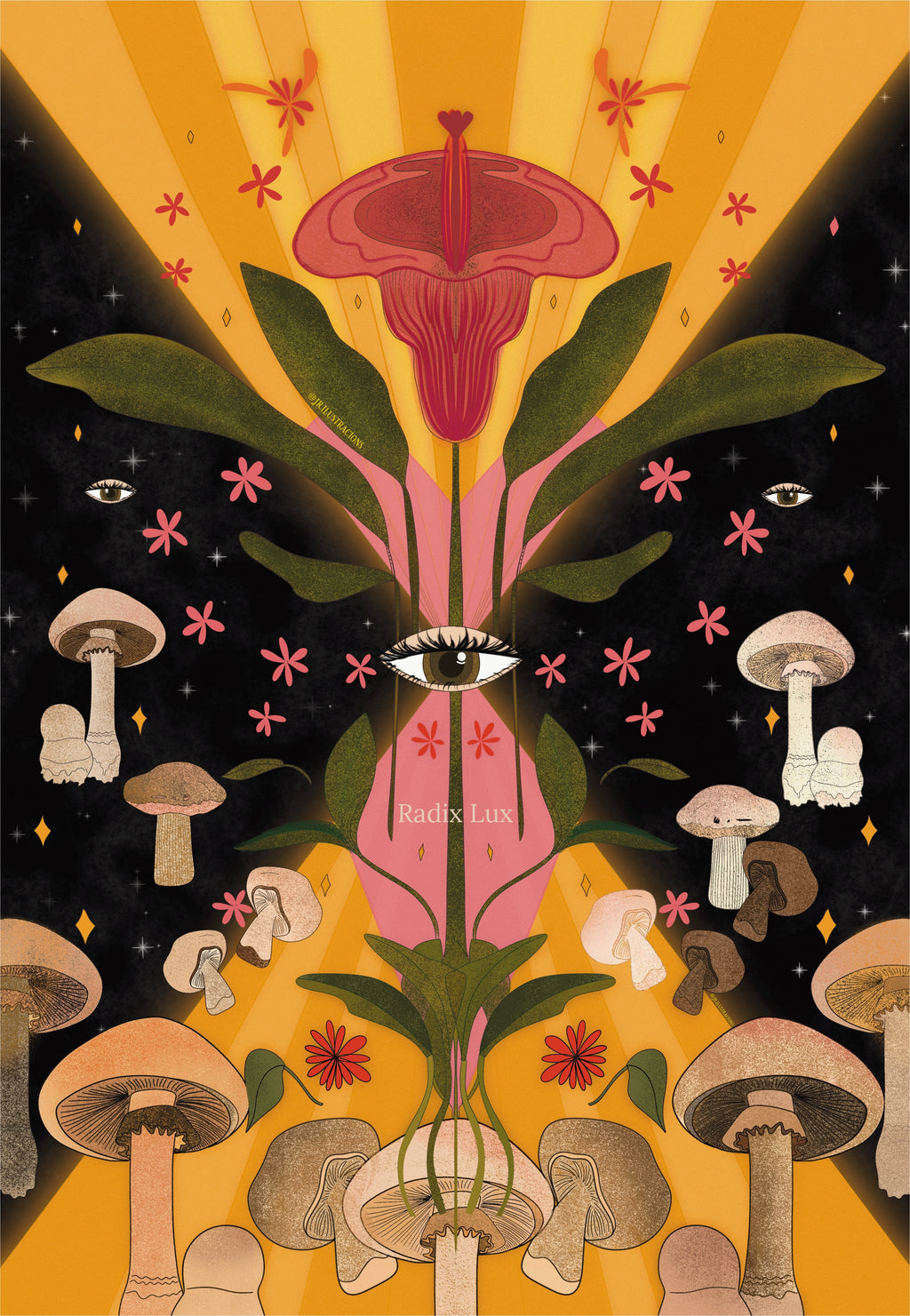 Ilustración mística y botánica Radix Lux con composición simétrica de hongos, flor central, ojo espiritual y destellos dorados