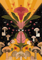 Ilustración mística y botánica Radix Lux con composición simétrica de hongos, flor central, ojo espiritual y destellos dorados