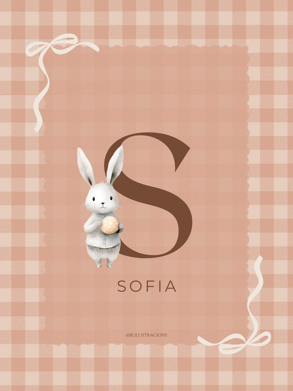 Lámina infantil de conejito con la inicial S de Sofía en color terracota suave para niña.