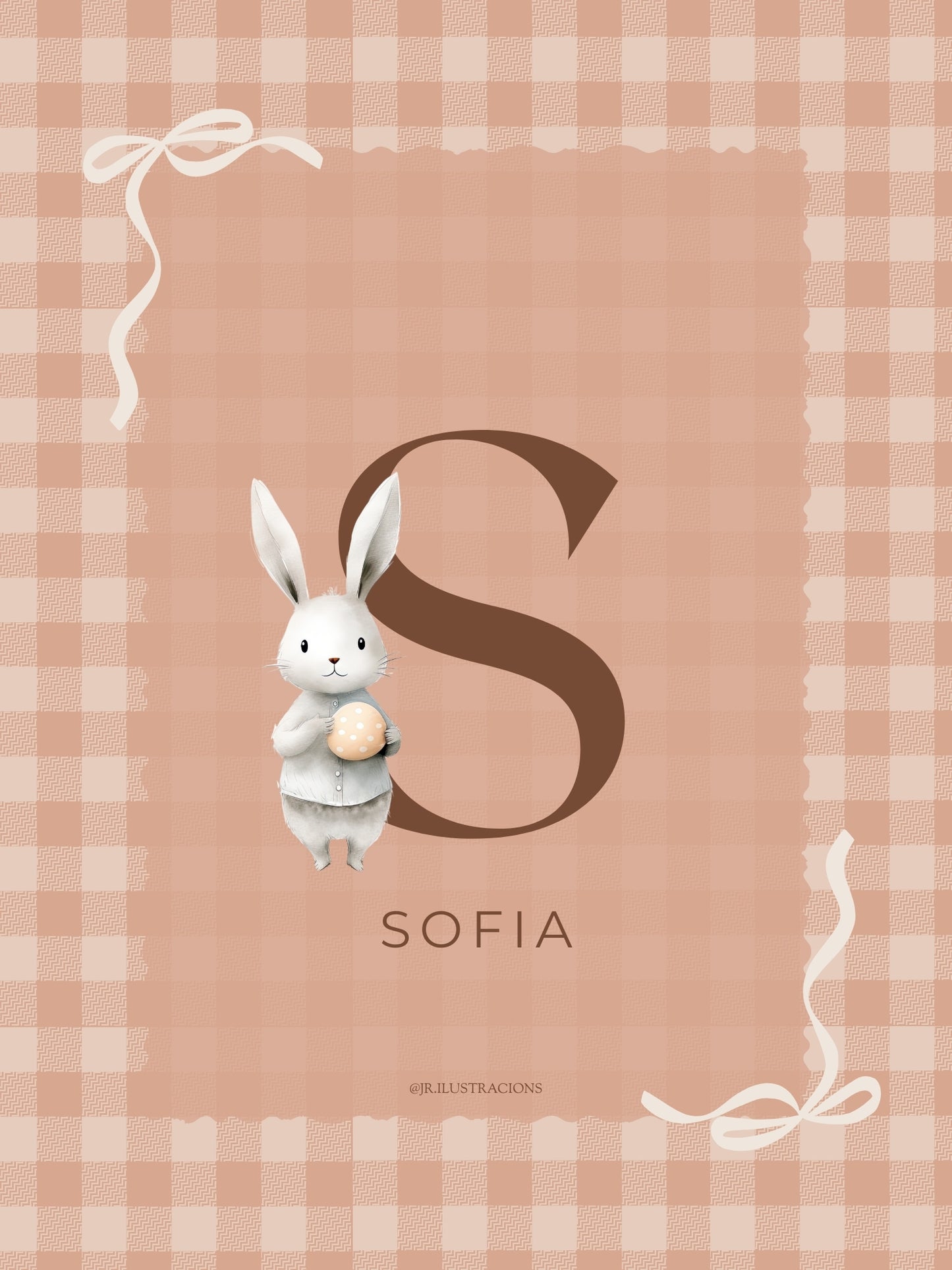 Lámina infantil de conejito con la inicial S de Sofía en color terracota suave para niña.
