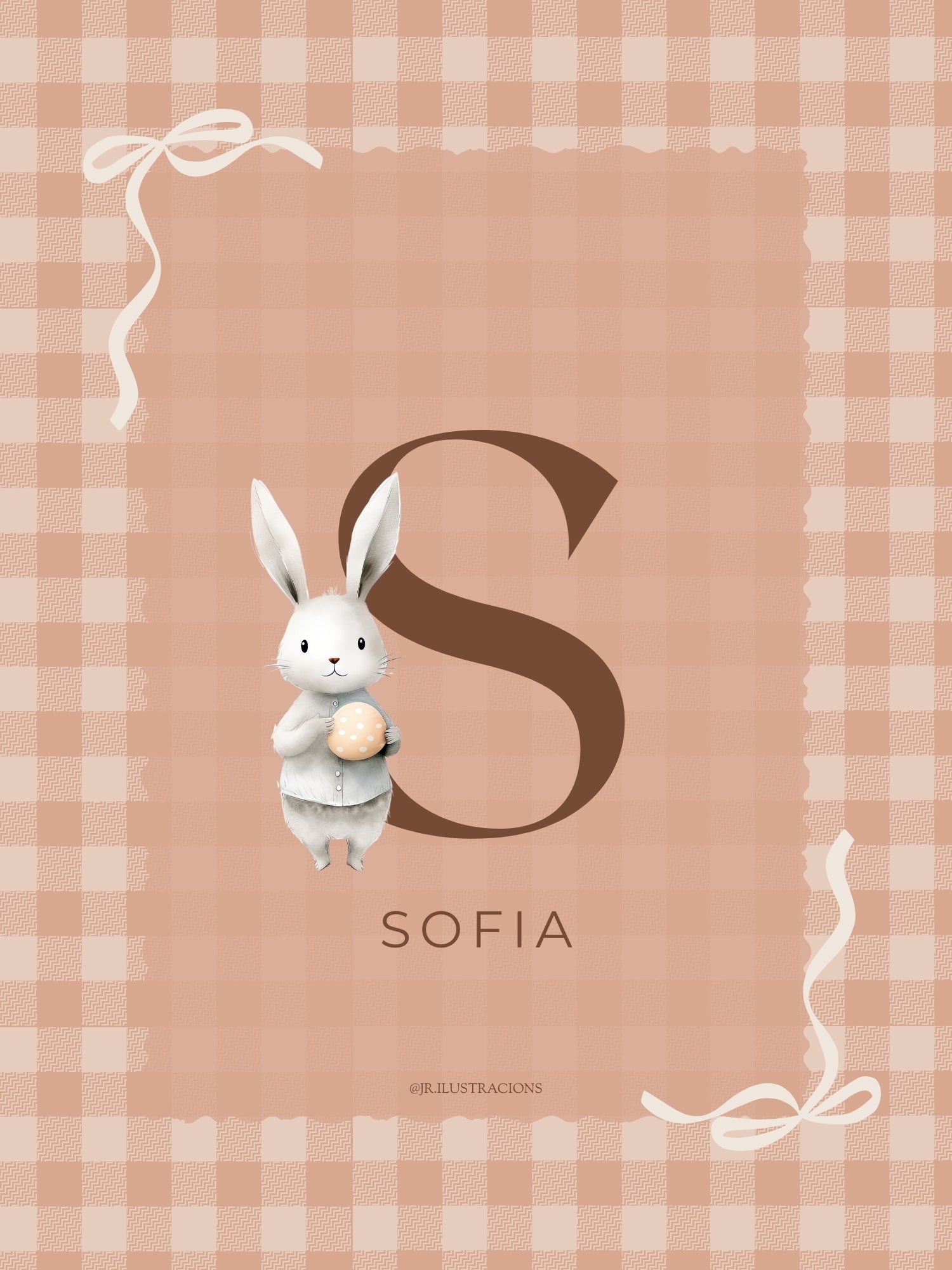 Lámina infantil de conejito con la inicial S de Sofía en color terracota suave para niña.