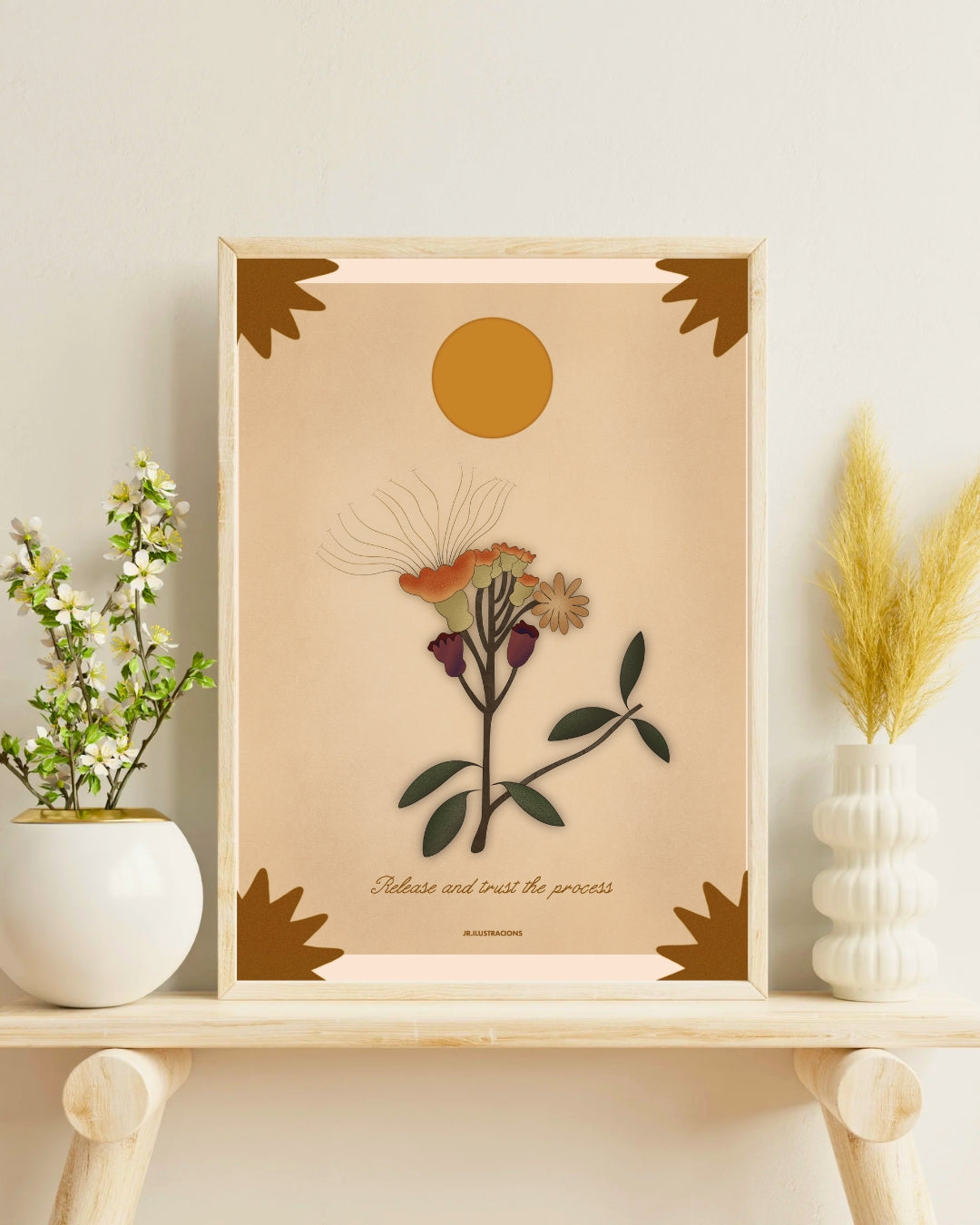 Lámina decorativa inspiracional Release and Trust The Process con ilustración botánica y sol de estilo boho.