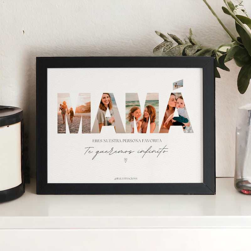 Lámina de letras con fotos personalizadas y marco negro decorando con elegancia un estante de JR.Ilustracions.