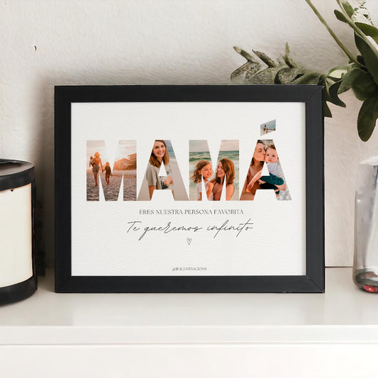 Lámina de letras con fotos personalizadas y marco negro decorando con elegancia un estante de JR.Ilustracions.