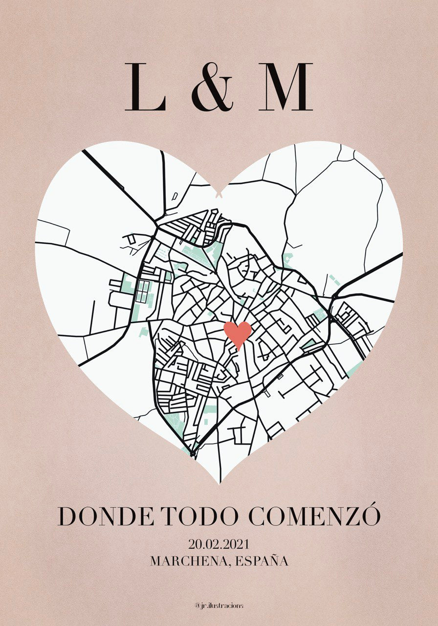 Lámina imprimible de mapa del amor con callejero urbano en silueta de corazón.