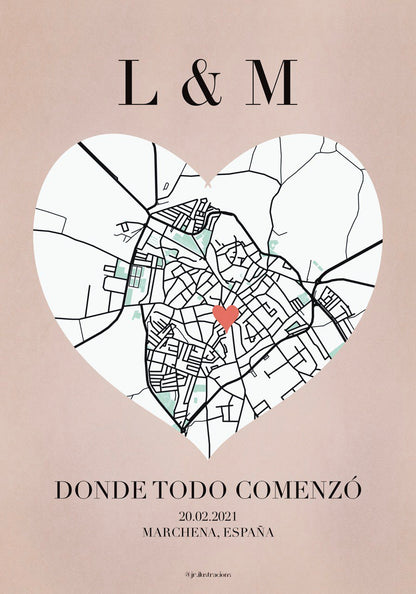 Lámina imprimible de mapa del amor con callejero urbano en silueta de corazón.