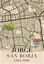 Lámina de mapa vintage personalizado con localizaciones de ciudades y recuerdos de viajes.